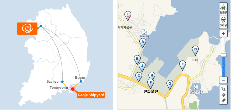 Okpo Shipyard: Arrive at the Okpo Shipyard from the Seoul Head Office via Sacheon, Tongyoung, or Busan, Okpo Shipyard: Hanwha Ocean Okpo Shipyard is located left side of Jangseung Pohang and south of Okpo Harbor.