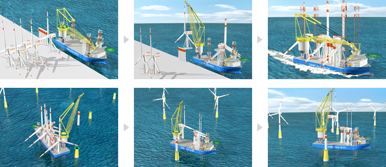 After the wind turbine installation vessel is docked where the turbines are placed, its giant crane loads the turbines one by one and secures them onto the vessel. Once the vessel reaches the exact installation site and is secured, it installs the turbines in the sea using the large crane.