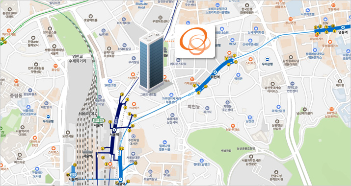  Hanwha Ocean Seoul Head Office: 100m walk from Line No.1 SEOUL Station exit No.4, No.7 or 250m walk from Line No.4 HOEHYEON Station exit No.5